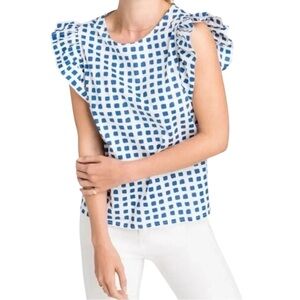 VINEYARD VINES NWT Painterly Grid Ruffle Flutter Sleeveless Top Blue Gingham XL